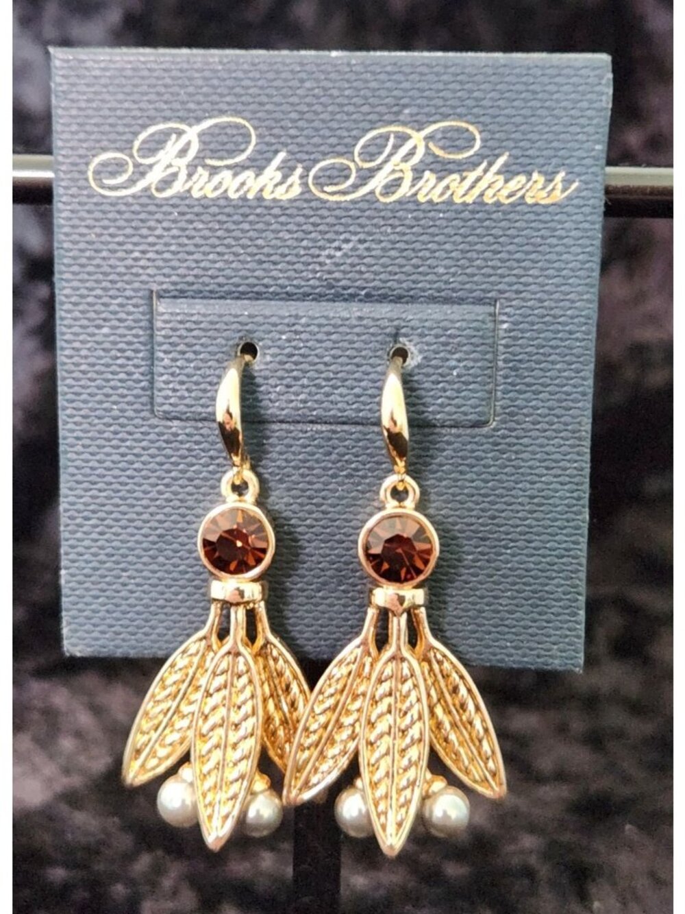 NWT Brooks Brothers Gold Leaf Amber Crystal Faux Pearl Dangle Drop Earrings